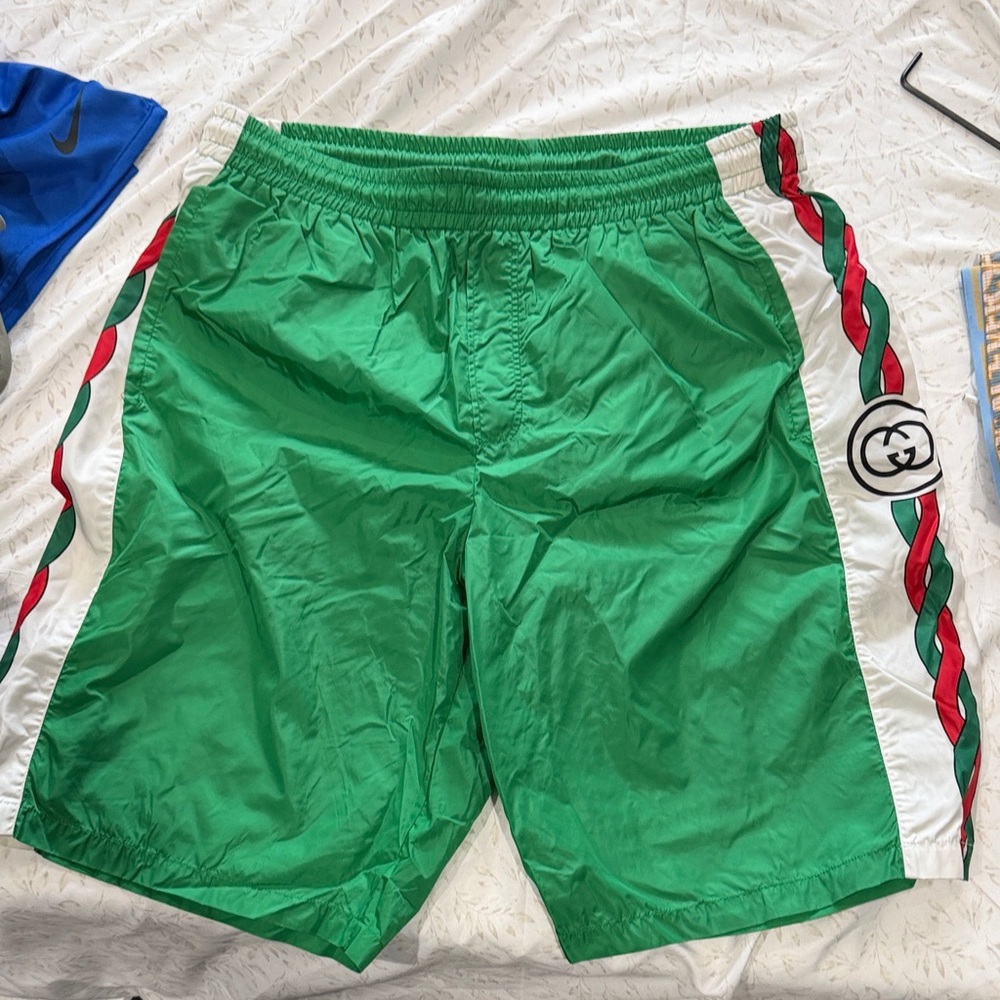 Gucci Green Red White Men's Flat Front Swim Shorts